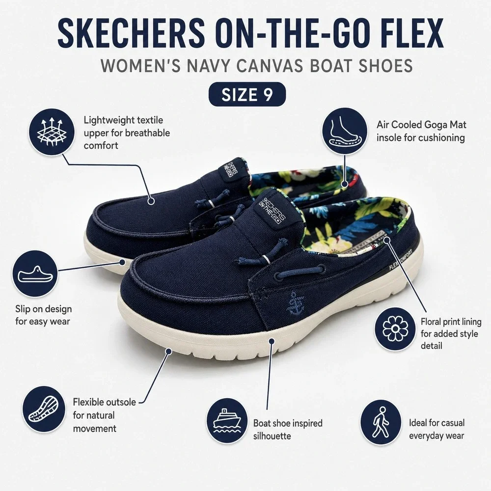Skechers On-The-GO Flex Saltwater Women's Size 9 Navy Canvas Boat Shoes 136496